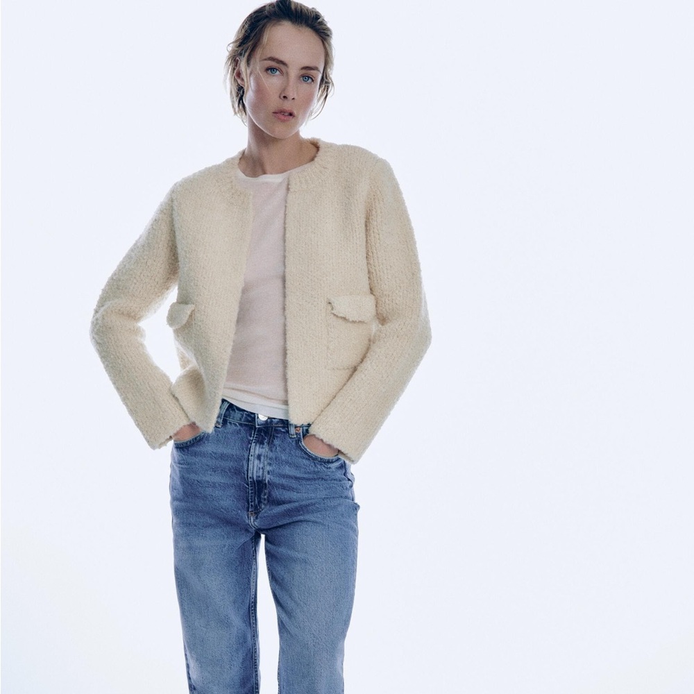 Zara Knit Bloucle Cardigan in Cream